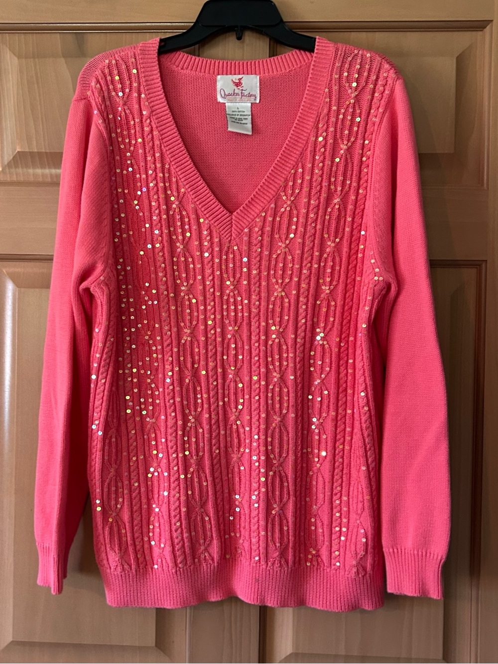 Quacker Factory Salmon Pink Sequin Cable Knit V-Neck Sweater Bling Knit Large